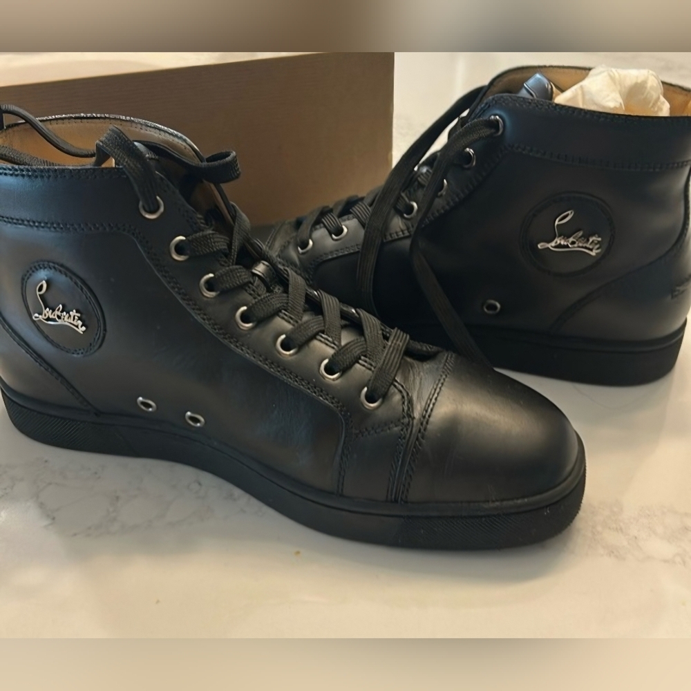 Christian Louboutin Black Leather High-Top Sneakers with Signature Emblem